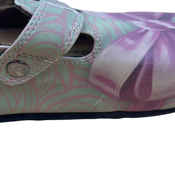 Goby Womens Green & Purple Bow Print Adjustable Buckle Slip-On Clogs Size 38