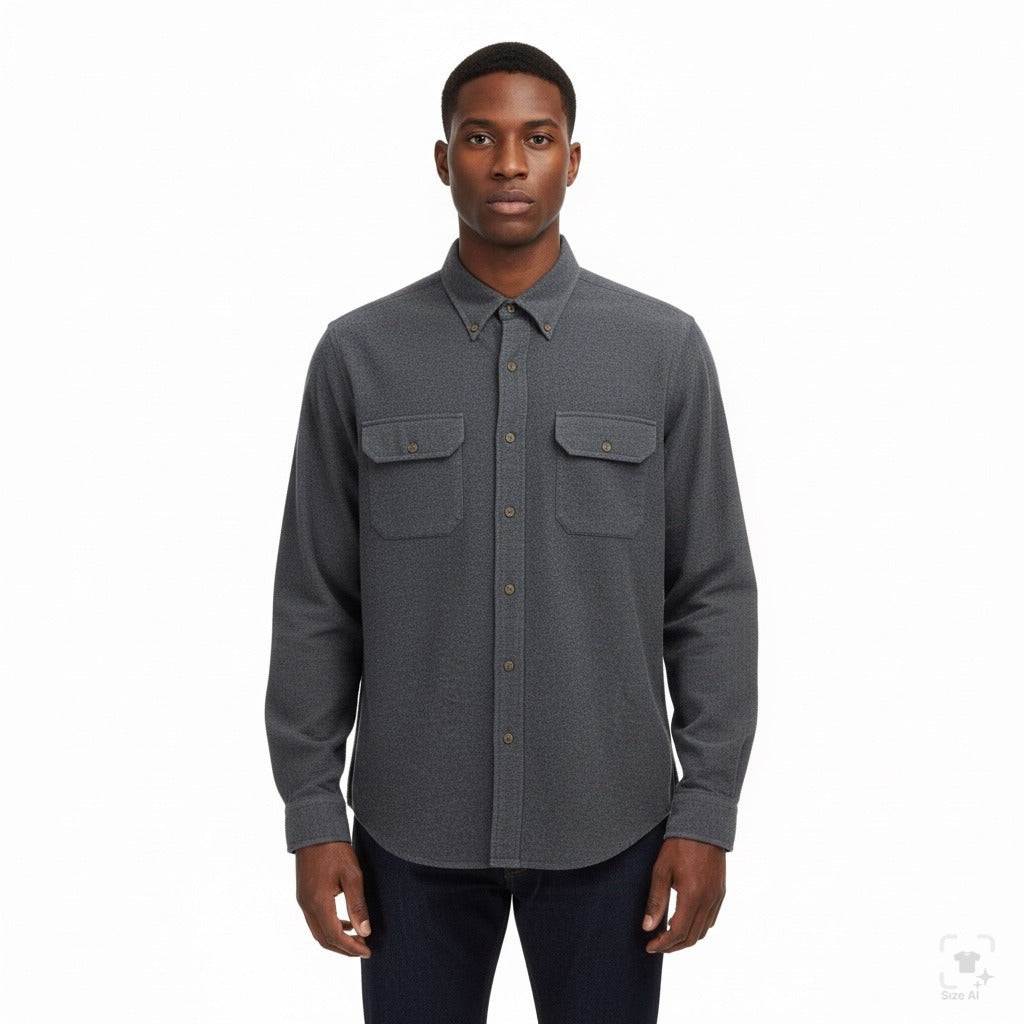 Lands End Mens Gray Cotton Button-Up Long Sleeve Shirt Pocketed Casual Size L