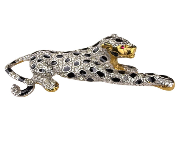 Vintage Panther Crystal Rhinestone & Enamel Brooch Gold Silver Black Elegant Pin