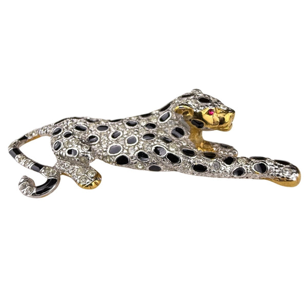 Vintage Panther Crystal Rhinestone & Enamel Brooch Gold Silver Black Elegant Pin