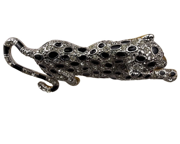 Vintage Panther Crystal Rhinestone & Enamel Brooch Gold Silver Black Elegant Pin