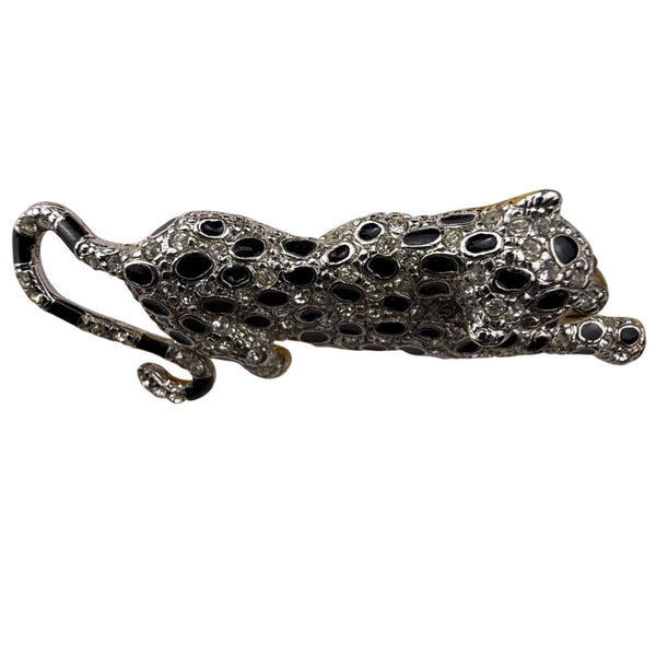 Vintage Panther Crystal Rhinestone & Enamel Brooch Gold Silver Black Elegant Pin