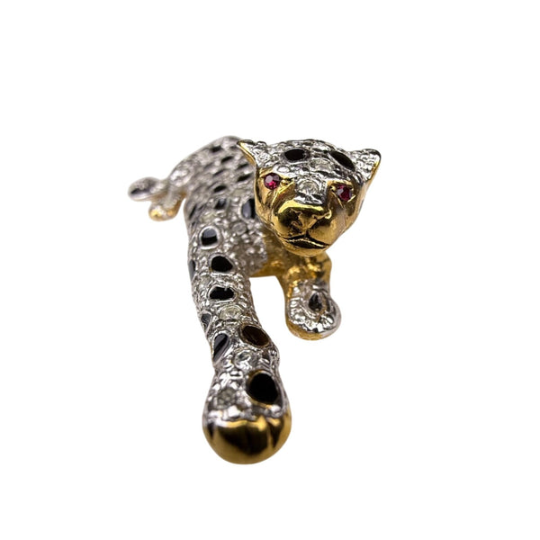 Vintage Panther Crystal Rhinestone & Enamel Brooch Gold Silver Black Elegant Pin