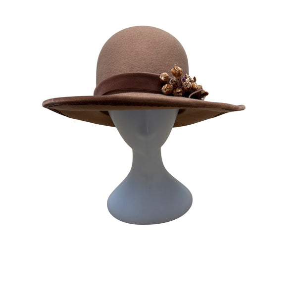Vintage Carol Carr Brown Wool Hat Floral Accents & Ribbon Detail Made In USA