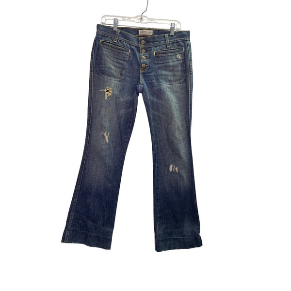 Old Navy Womens Blue Cotton Ultra Low Rise Slim Bootcut Distressed Jeans Size 6