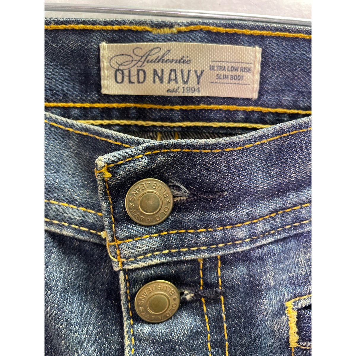 Old Navy Womens Blue Cotton Ultra Low Rise Slim Bootcut Distressed Jeans Size 6