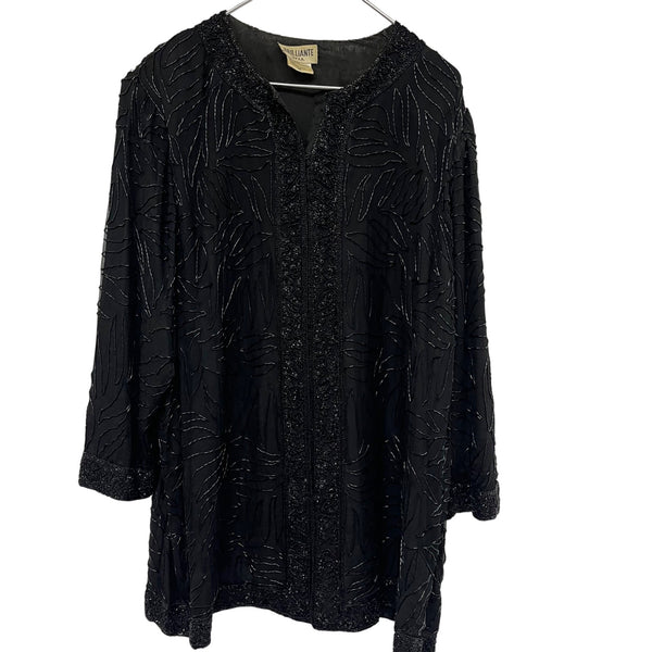 Brilliante By J.A. Womens Black Beaded Cocktail Jacket 3X Elegant Evening Leaf Pattern