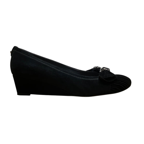 Stuart Weitzman Black Suede Giveable Bow & Chain Accent Wedge Flats Size 10M