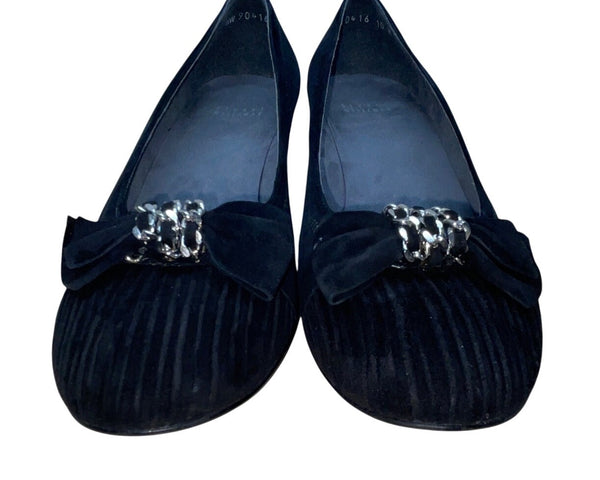 Stuart Weitzman Black Suede Giveable Bow & Chain Accent Wedge Flats Size 10M