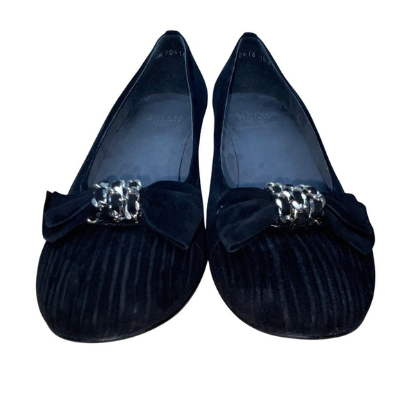 Stuart Weitzman Black Suede Giveable Bow & Chain Accent Wedge Flats Size 10M