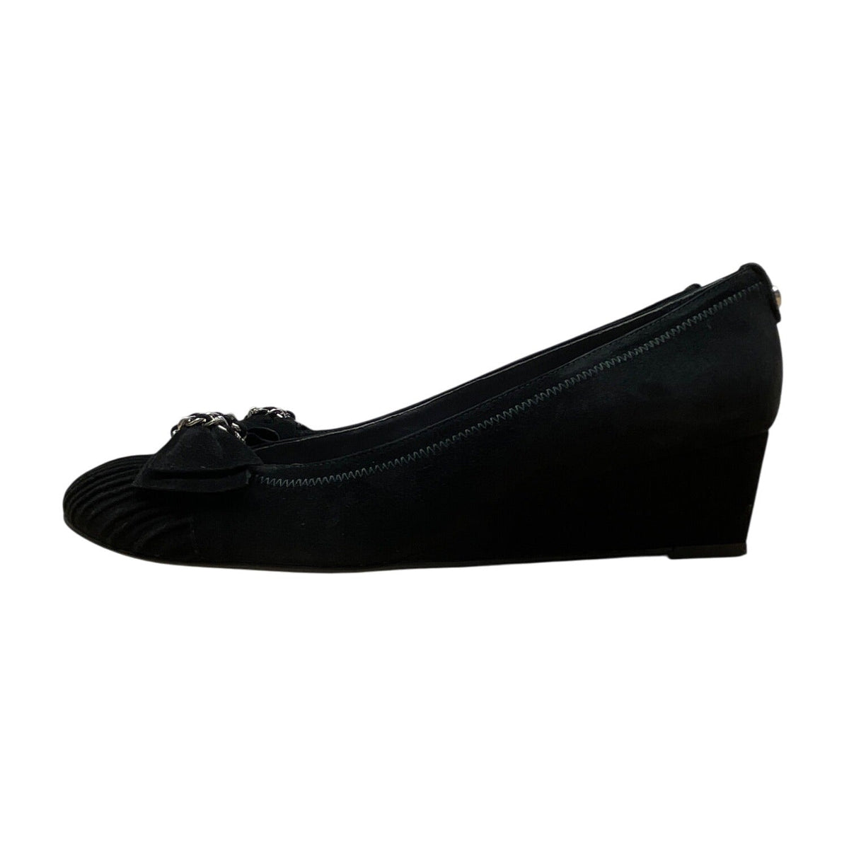 Stuart Weitzman Black Suede Giveable Bow & Chain Accent Wedge Flats Size 10M
