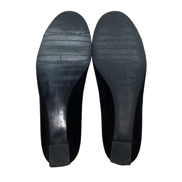Stuart Weitzman Black Suede Giveable Bow & Chain Accent Wedge Flats Size 10M