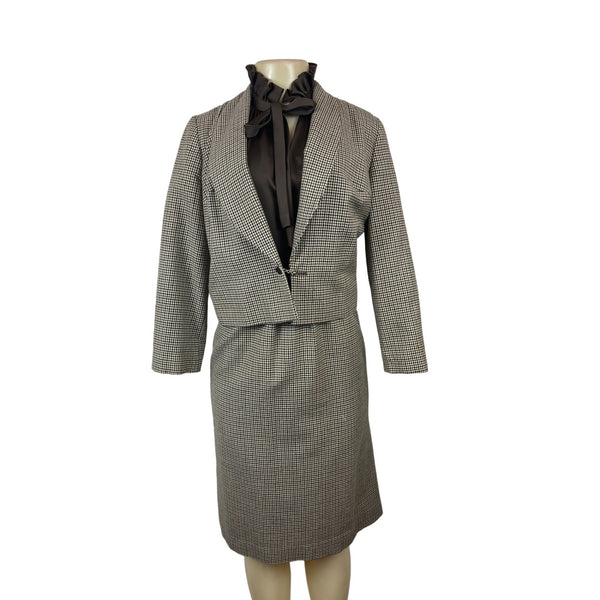 Vintage Marion McCoy Women's Houndstooth Skirt Suit With Ruffled Blouse & Jacket