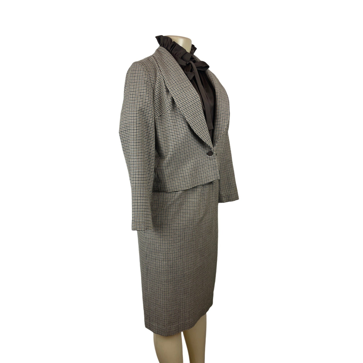 Vintage Marion McCoy Women's Houndstooth Skirt Suit With Ruffled Blouse & Jacket