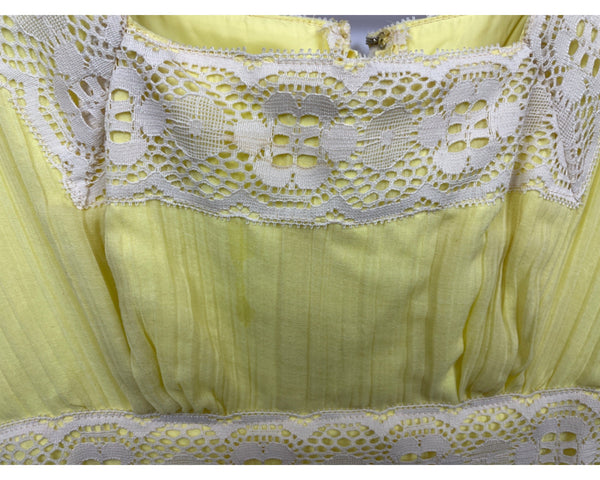 Vintage1970s Yellow Swiss Dot Prairie Embroidered Collar Boho Maxi Dress Sz XS