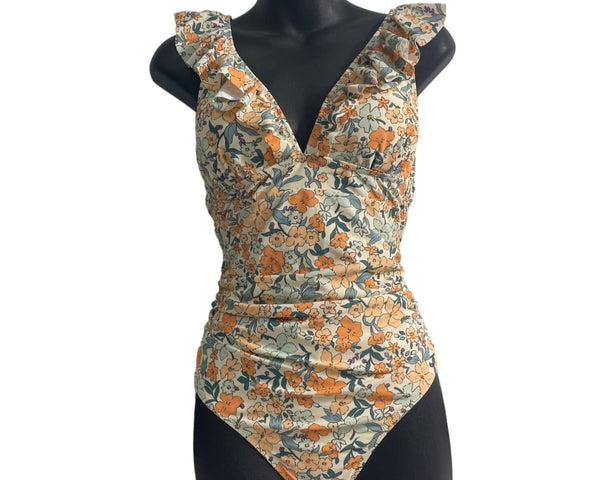Floral Ruffled One-Piece Swimsuit By Cupshe For Women M Polyester & Spandex Blend Orange & Green Floral Print