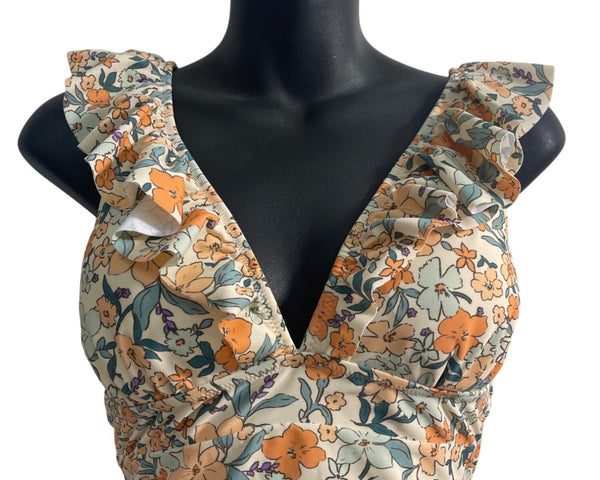 Floral Ruffled One-Piece Swimsuit By Cupshe For Women M Polyester & Spandex Blend Orange & Green Floral Print