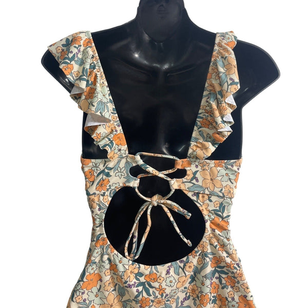 Floral Ruffled One-Piece Swimsuit By Cupshe For Women M Polyester & Spandex Blend Orange & Green Floral Print