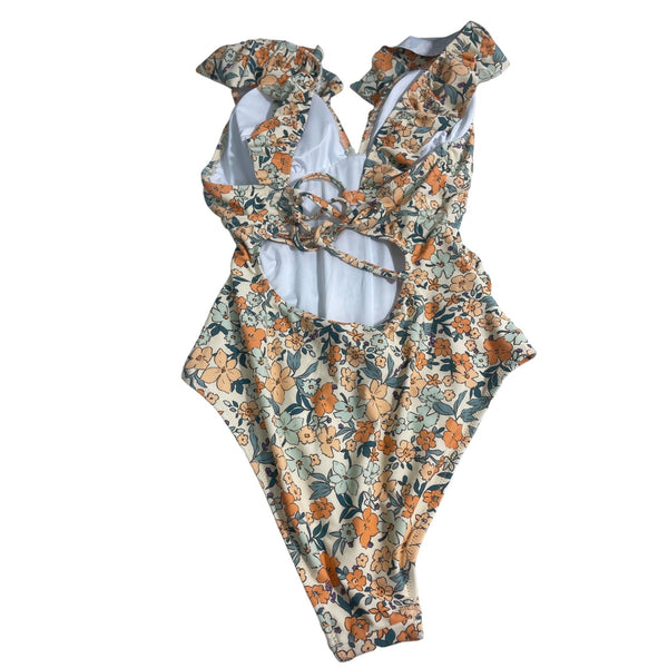 Floral Ruffled One-Piece Swimsuit By Cupshe For Women M Polyester & Spandex Blend Orange & Green Floral Print