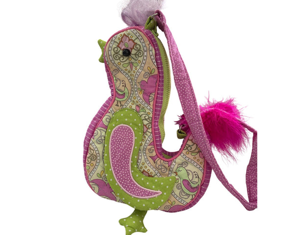 Whimsical Bird-Shaped Kids Crossbody Bag In Pink & Green Fabric