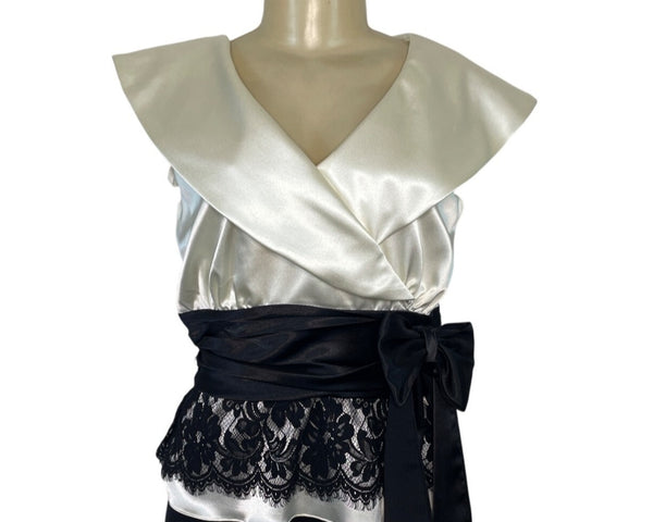MSK Womens White Satin & Black Lace Wrap Top W/ Bow & Pleated Collar Sz S