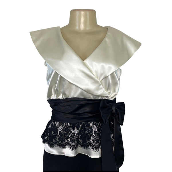 MSK Womens White Satin & Black Lace Wrap Top W/ Bow & Pleated Collar Sz S