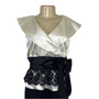 MSK Womens White Satin & Black Lace Wrap Top W/ Bow & Pleated Collar Sz S