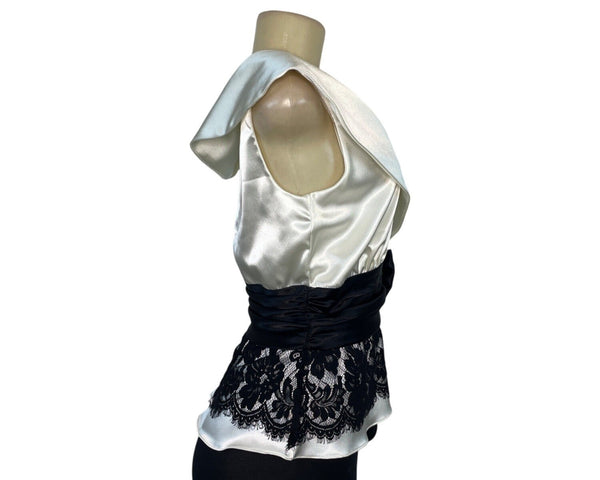 MSK Womens White Satin & Black Lace Wrap Top W/ Bow & Pleated Collar Sz S
