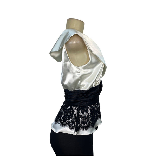 MSK Womens White Satin & Black Lace Wrap Top W/ Bow & Pleated Collar Sz S