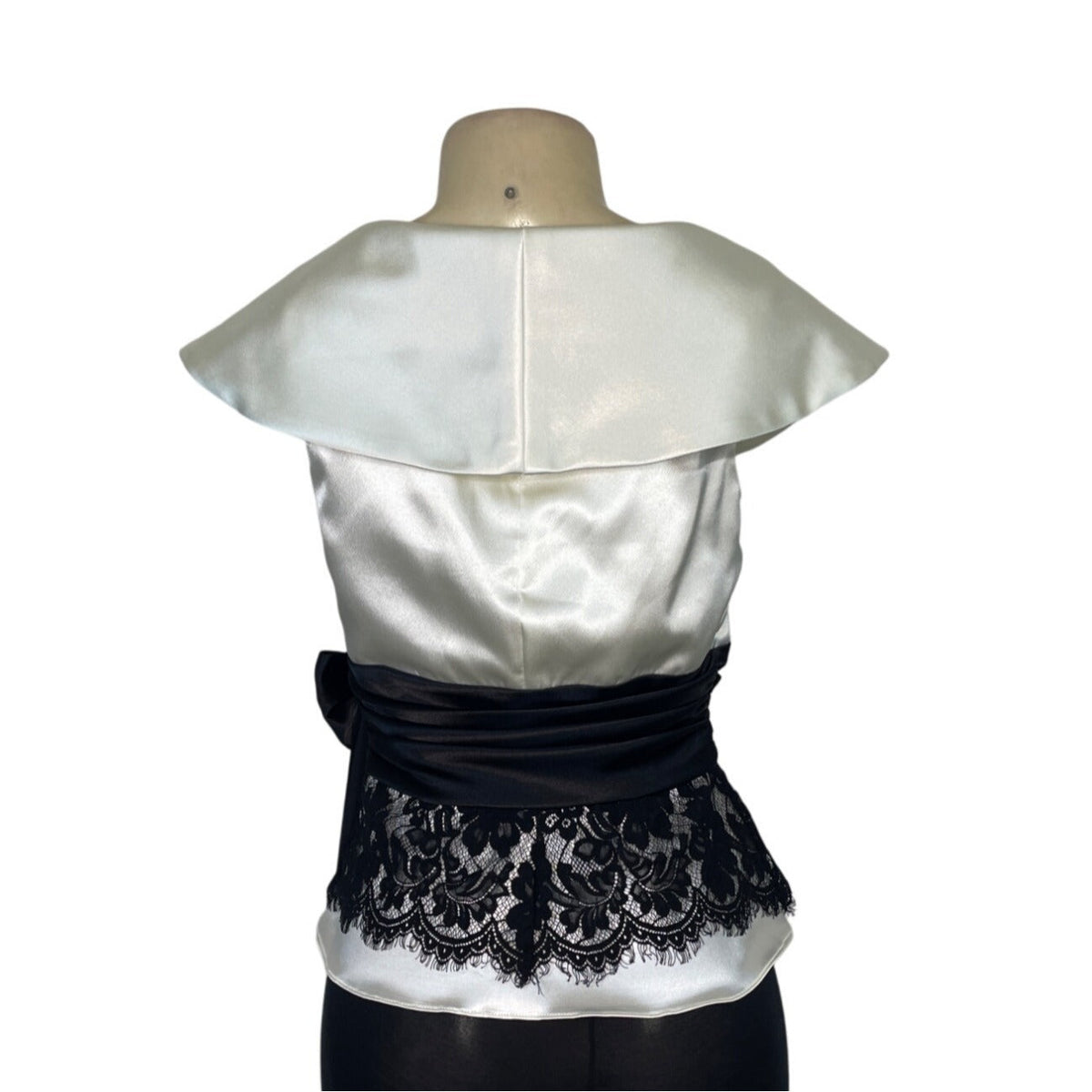 MSK Womens White Satin & Black Lace Wrap Top W/ Bow & Pleated Collar Sz S