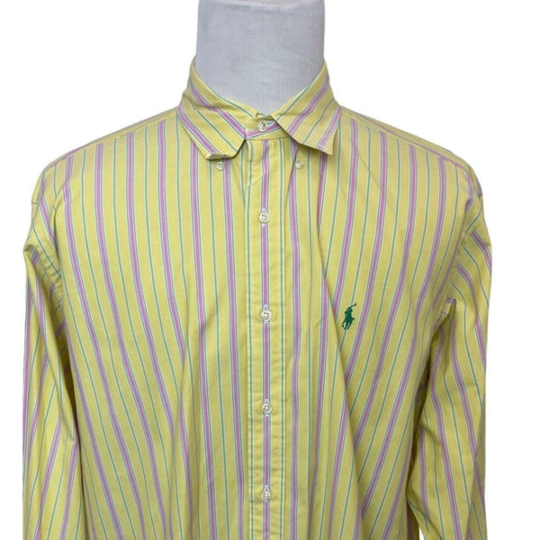Ralph Lauren Men's Yellow With Pink Stripes Long sleeve Button Up Shirt Sz -XL