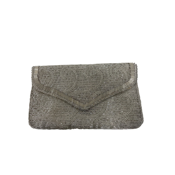 La Regale Womens Silver Beaded Clutch Elegant Formal Evening Bag Rectangular Envelope Style