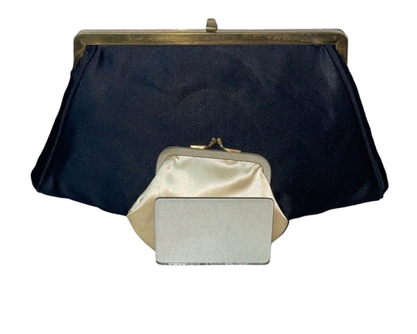 Vintage Lowy And Mund Black Evening Clutch with Coin Wallet and Mirror 3pc Set