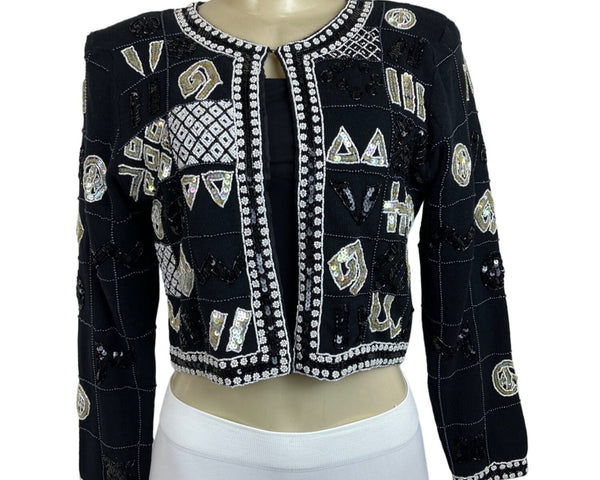 Vtg Linda Rico Beaded Sequin Black Jacket Geometric Patterns Embellishments Sz S