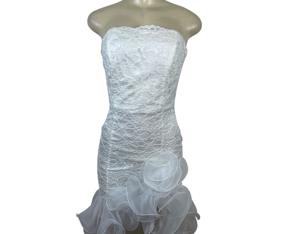 Midnight Glo Women’s White Strapless Lace Cocktail Dress With Ruffle Hem Sz 6