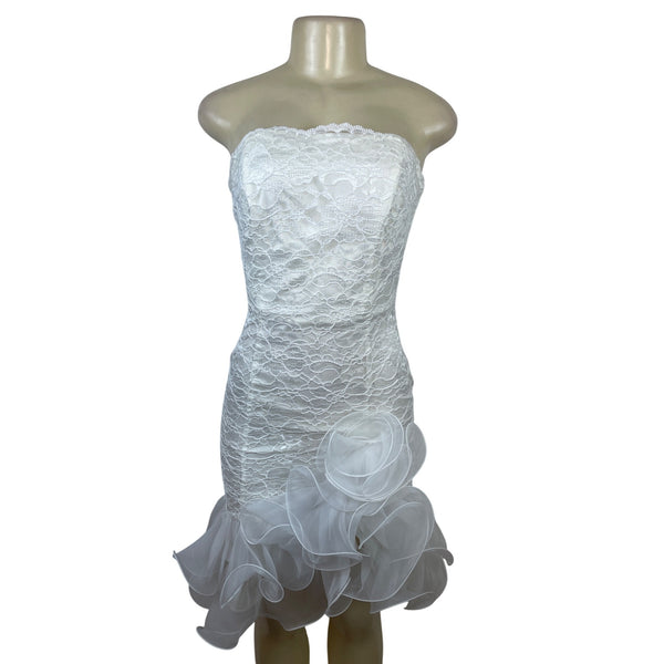 Midnight Glo Women’s White Strapless Lace Cocktail Dress With Ruffle Hem Sz 6