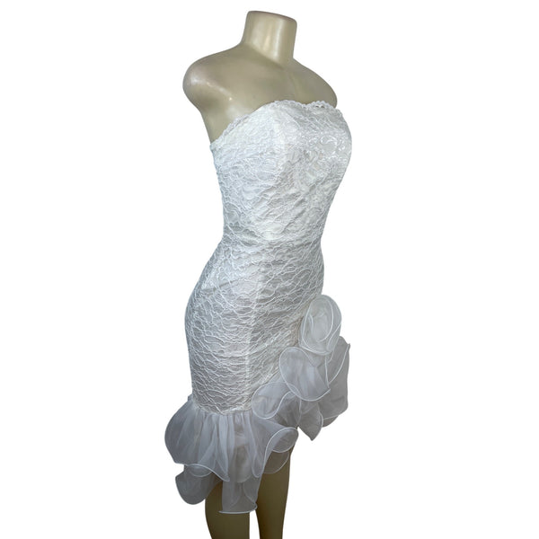 Midnight Glo Women’s White Strapless Lace Cocktail Dress With Ruffle Hem Sz 6