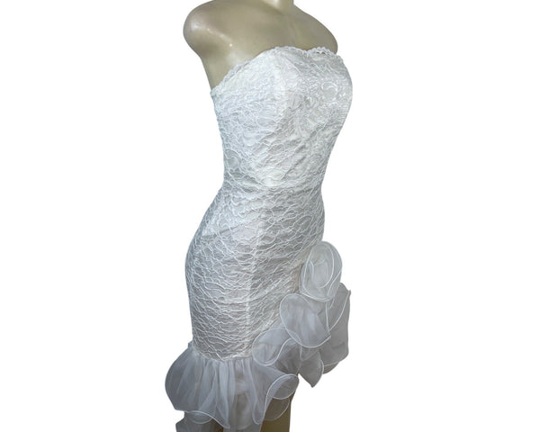 Midnight Glo Women’s White Strapless Lace Cocktail Dress With Ruffle Hem Sz 6