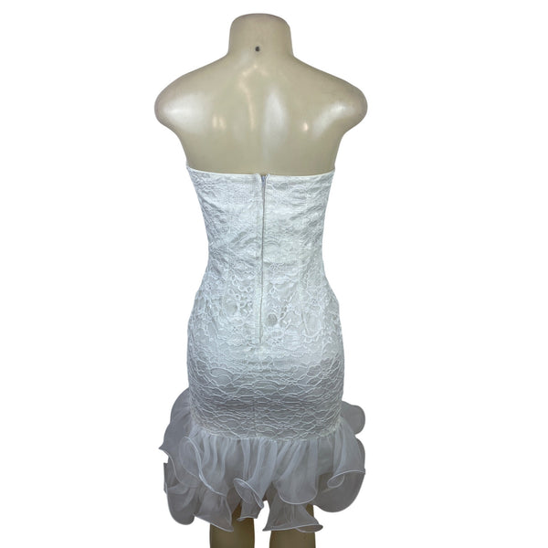 Midnight Glo Women’s White Strapless Lace Cocktail Dress With Ruffle Hem Sz 6