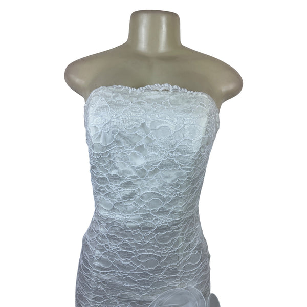 Midnight Glo Women’s White Strapless Lace Cocktail Dress With Ruffle Hem Sz 6
