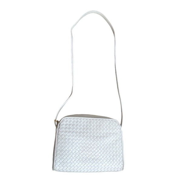 Bloomingdale’s Women's White Leather Woven Crossbody Bag Sz M