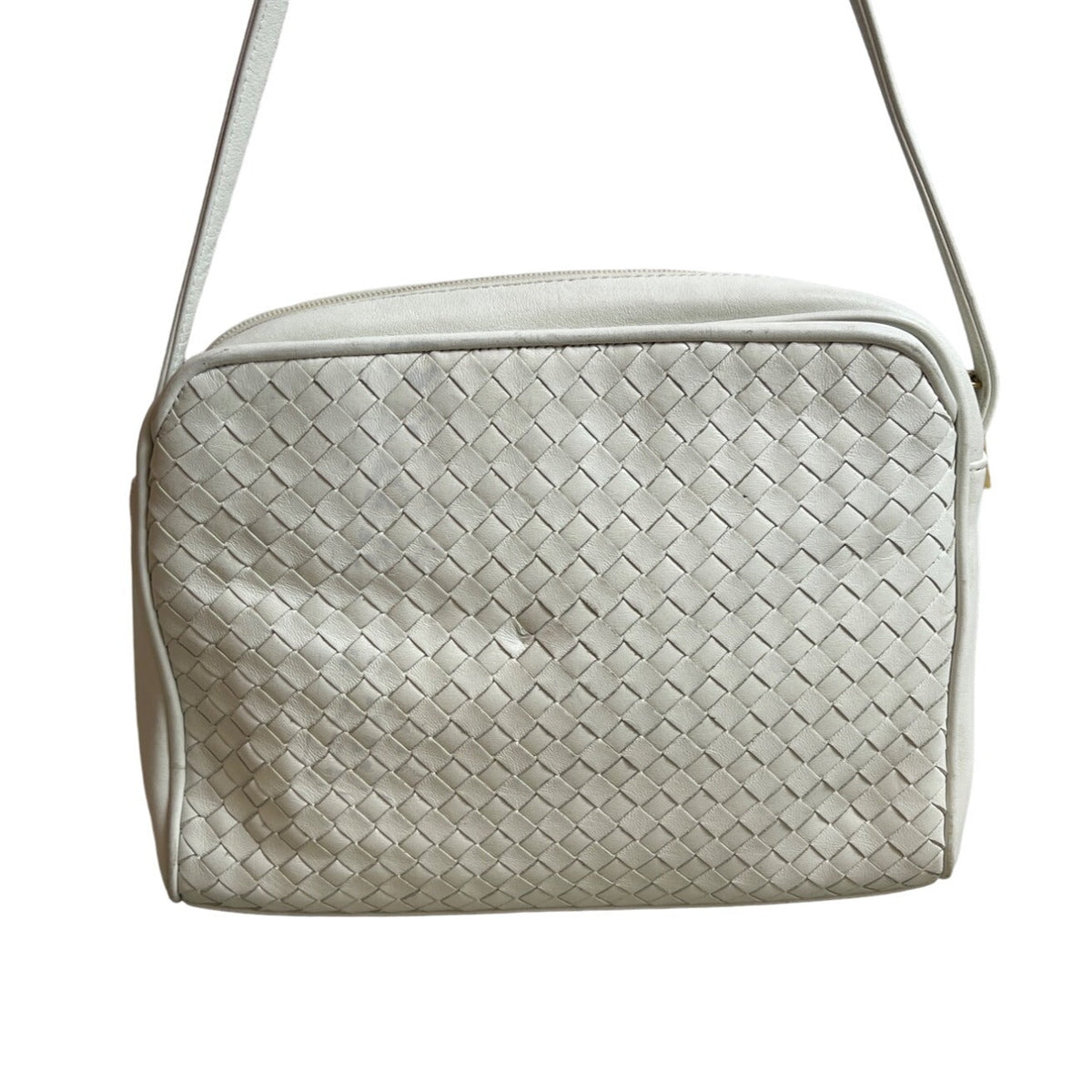 Bloomingdale’s Women's White Leather Woven Crossbody Bag Sz M