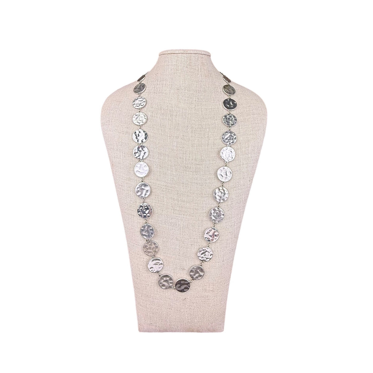 Chicos Silver Tone Chunky Hammered Disc Necklace Adjustable Length Chain