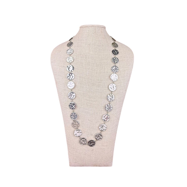Chicos Silver Tone Chunky Hammered Disc Necklace Adjustable Length Chain