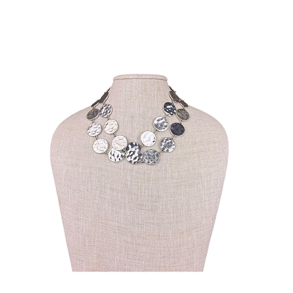 Chicos Silver Tone Chunky Hammered Disc Necklace Adjustable Length Chain