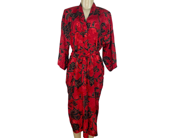 Expressions Women’s Red & Black Floral Jacquard Robe With Belt Long Length Sz M