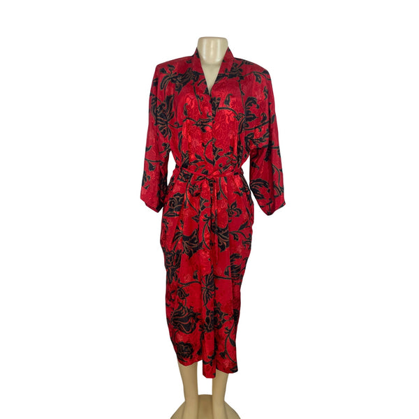 Expressions Women’s Red & Black Floral Jacquard Robe With Belt Long Length Sz M
