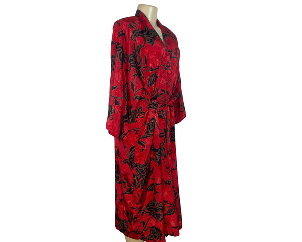 Expressions Women’s Red & Black Floral Jacquard Robe With Belt Long Length Sz M