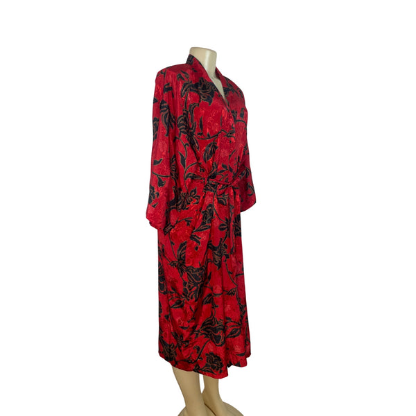 Expressions Women’s Red & Black Floral Jacquard Robe With Belt Long Length Sz M
