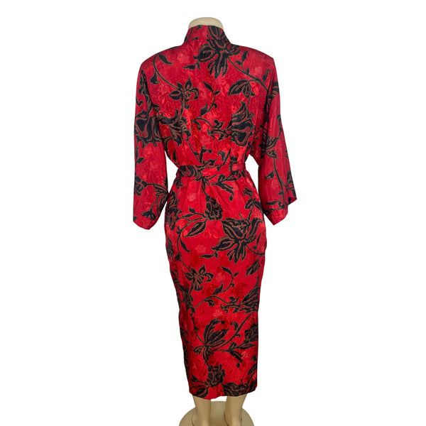 Expressions Women’s Red & Black Floral Jacquard Robe With Belt Long Length Sz M